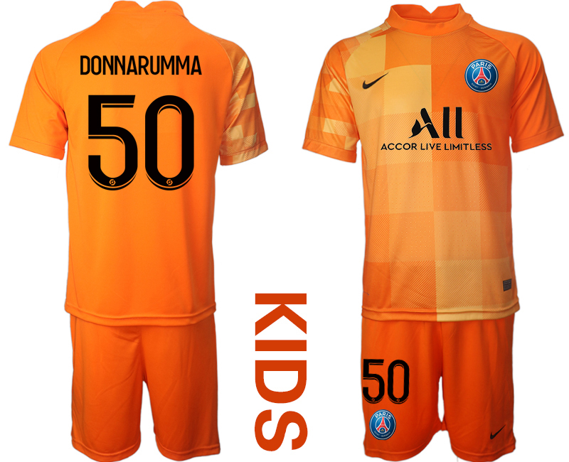 Youth 2021-2022 Club Paris St German orange red goalkeeper #50 Soccer Jersey